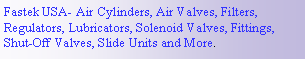 Text Box: Fastek USA- Air Cylinders, Air Valves, Filters, Regulators, Lubricators, Solenoid Valves, Fittings, Shut-Off Valves, Slide Units and More. 