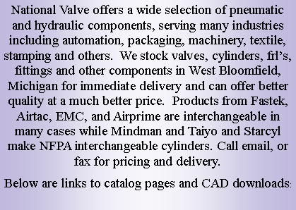 Text Box: National Valve offers a wide selection of pneumatic and hydraulic components, serving many industries including automation, packaging, machinery, textile, stamping and others.  We stock valves, cylinders, frls, fittings and other components in West Bloomfield, Michigan for immediate delivery and can offer better quality at a much better price.  Products from Fastek, Airtac, EMC, and Airprime are interchangeable in many cases while Mindman and Taiyo and Starcyl make NFPA interchangeable cylinders. Call email, or fax for pricing and delivery. Below are links to catalog pages and CAD downloads: