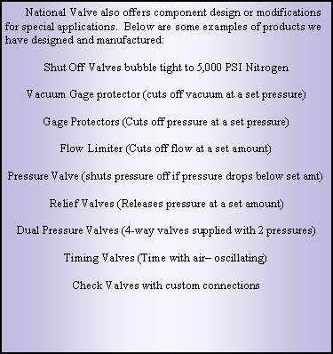 Text Box:        National Valve also offers component design or modifications for special applications.  Below are some examples of products we have designed and manufactured:Shut Off Valves bubble tight to 5,000 PSI NitrogenVacuum Gage protector (cuts off vacuum at a set pressure)Gage Protectors (Cuts off pressure at a set pressure)Flow Limiter (Cuts off flow at a set amount)Pressure Valve (shuts pressure off if pressure drops below set amt)Relief Valves (Releases pressure at a set amount)Dual Pressure Valves (4-way valves supplied with 2 pressures)Timing Valves (Time with air oscillating)Check Valves with custom connections